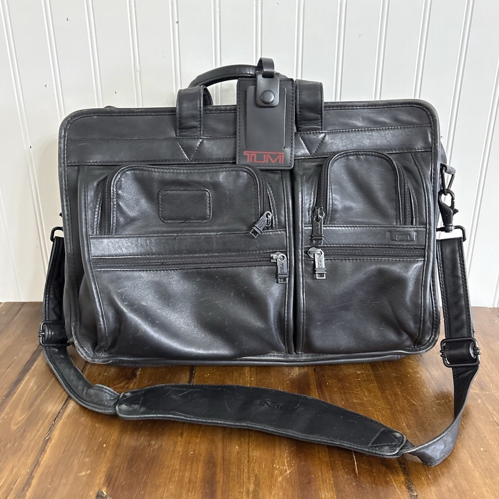 TUMI Alpha Leather Briefcase Laptop Expandable Brief Bag Black Messenger